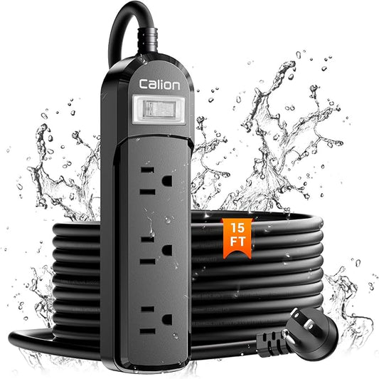IPX6 Outdoor Power Strip Weatherproof,15 FT SJT16Awg Extension Cord 3 Wide Outlets 1875W Overload Protection, Waterproof Surge Protector for Office,Dorm Room,Patio,Christmas Lights