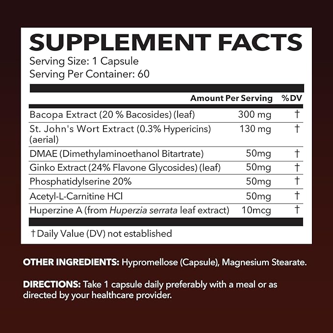 NeuroIGNITE Brain Supplements for Memory and Focus - 60 Count - Nootropics Brain Support Supplement with St. John's Wort, Ginkgo Biloba, Bacopa, Phosphatidylserine - Non-GMO Capsules, 2-Month Supply