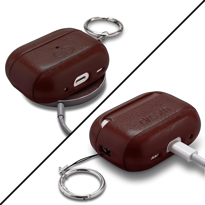 Dreem Om Case Cover with Keychain Clip Compatible with AirPods Pro 2/Pro, Protective One-Piece Hard Shell, Luxury Vegan Leather AirPod Pro Case 2nd/1st Generation with Separate Clip [Coffee]