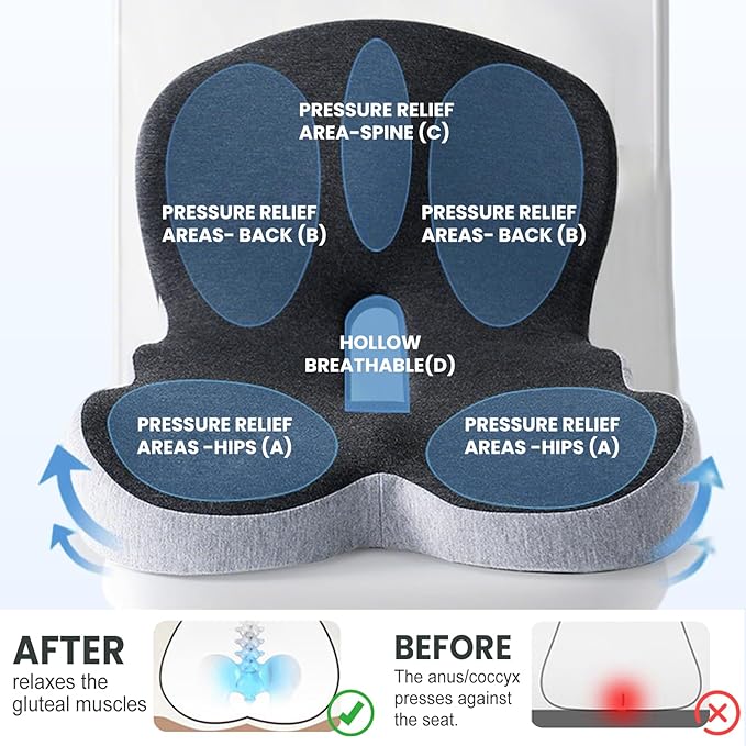 2025 New Back and Seat Cushion, Ergonomic Non-Slip Memory Foam Seat Cushion with Back Support, L-Shaped Breathable Backs Cushions for Car, Office, Home (Light Grey)