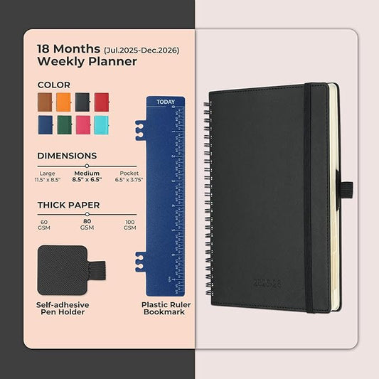 Planner 2025-2026 Daily Weekly and Monthly,8.5"x6.5",18 Months Spiral Bound Calendar Agenda with Self-adhesive Pen Holder,2026 Academic Plan with Vegan Leather Soft Cover,Black