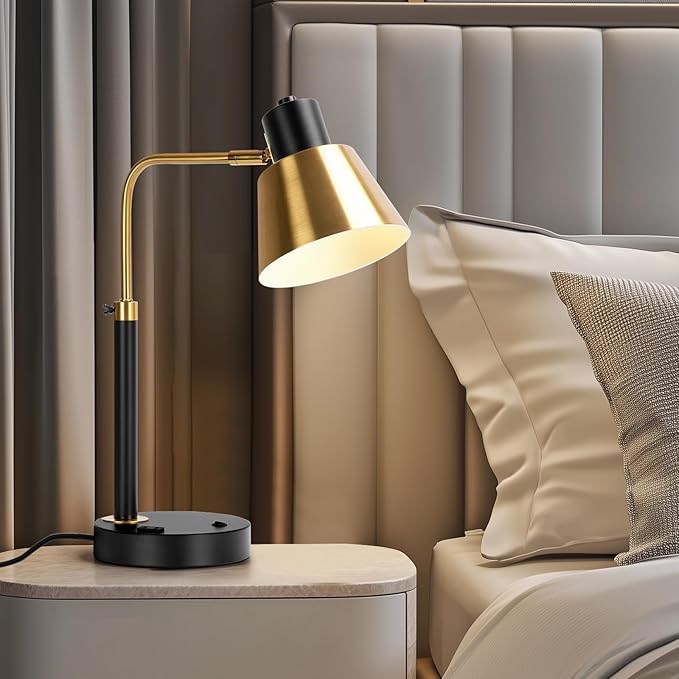 Desk Lamp - Heavy Duty Metal Task Light, USB-C & AC Outlet, Easy Assembly with Cord Guide, Adjustable Head for Office Home Study, Matte Black & Brushed Brass (Bulb Not Included)