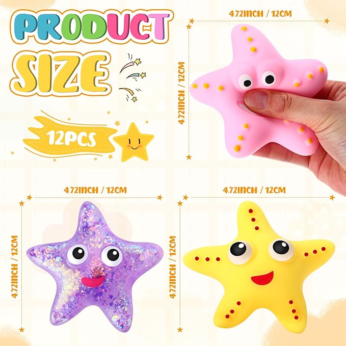 Meooeck 12 Pack Axolotl Stress Relief Toys Glitter Axolotl Starfish Stress Balls Fun Relaxing Squeeze Fidget Toys Relieve Anxiety Squeeze for Birthday Party Goodie Bag Stuffers(Starfish)