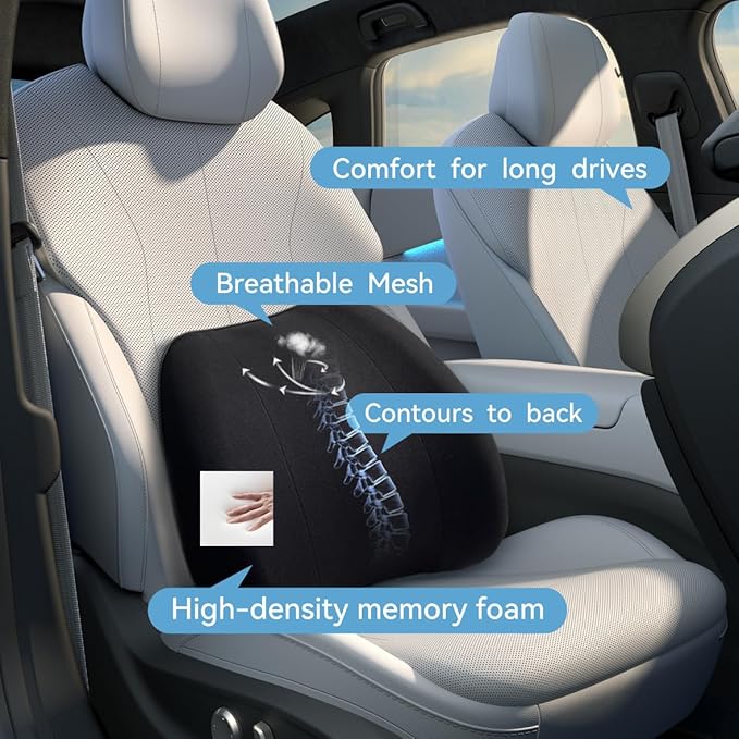 Really Plush Lumbar Support Pillow for Car Seat, Perfectly Balanced 100% Memory Foam Lumbar Pillow - Breathable Removable Cover & Ergonomic Design, Back Pillow for Back Pain Relief(Black, 1PC)