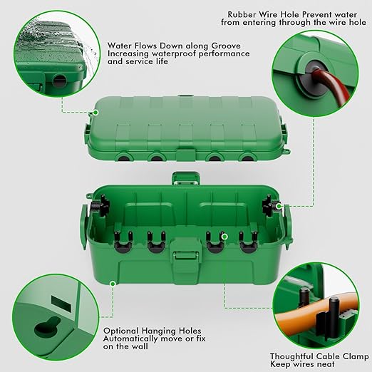 RESTMO Outdoor Electrical Box, IP54 Weatherproof Extension Cord Cover with 6 Cable Entry Ports, Waterproof Connection Box Protect Power Strip, Timer, Plug, Holiday Lights, (11.5x5.2x4 inch), Green