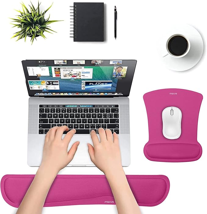 MOSISO Wrist Rest Support for Mouse Pad & Keyboard Set, Ergonomic Mousepad Non-Slip Base Home/Office Pain Relief & Easy Typing Cushion with Neoprene Cloth & Raised Memory Foam, Rose Red