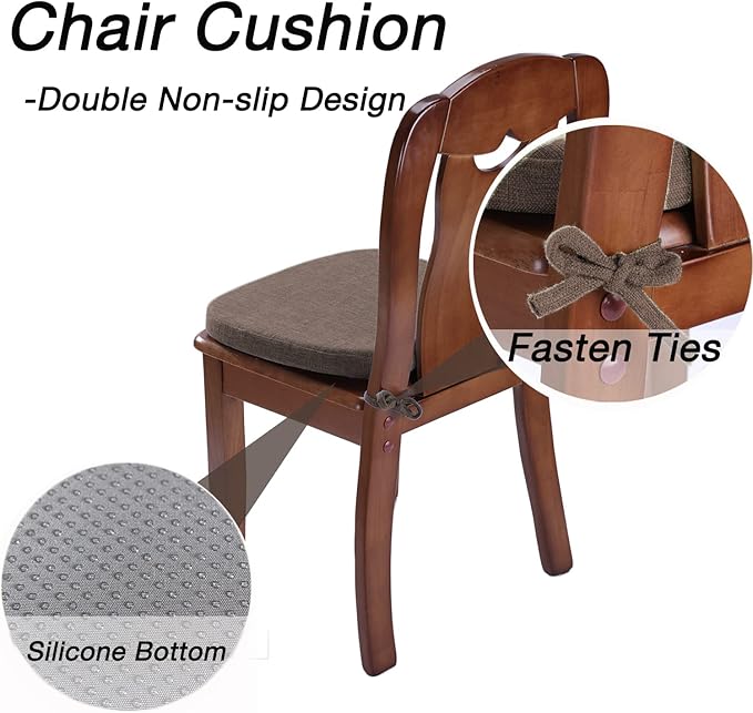 Chair Cushion with Ties for Dining Chairs - Memory Foam Non Slip Kitchen Chair Pad and Dining Seat Cushion with Machine Washable Cover Set of 4 [16.5 x 16.2 Inches] - Brown