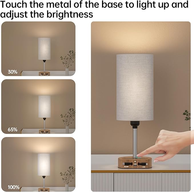 Bedside Lamp with Retractable Charging Cords, 74W Fast Charging Nightstand Lamp, 3-Way Dimmable Touch Lamp with LED Bulb, 4 in 1 Charging Station for iPhone, iPad, Desk, Office