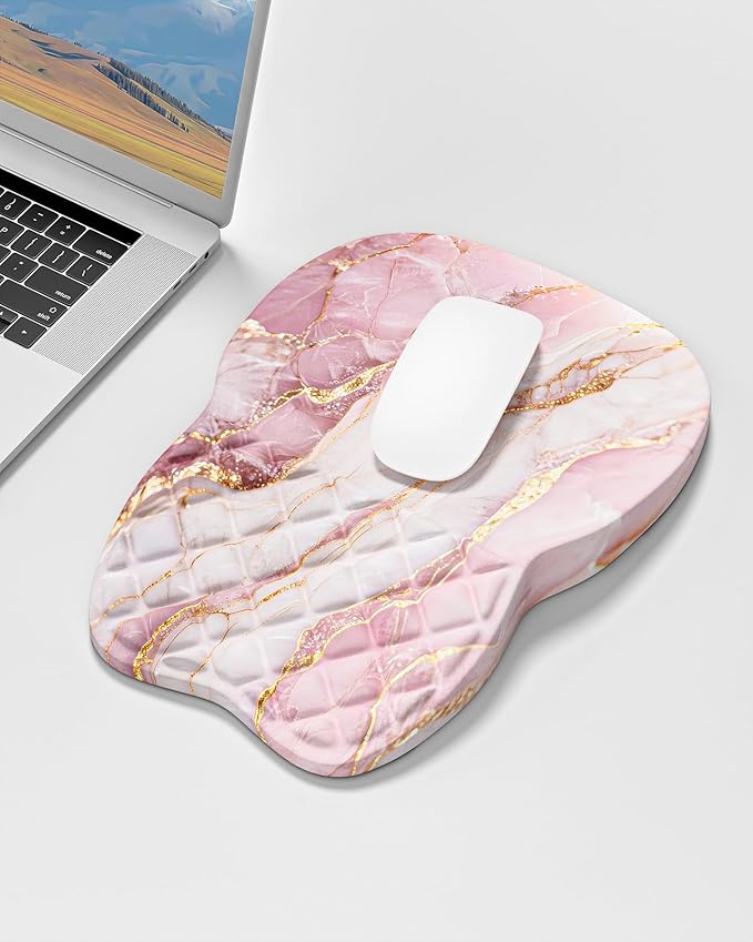 Auhoahsil Ergonomic Mouse Pad with Wrist Rest, Comfortable Slope Computer Mouse Mat with Wrist Support, Memory Foam Filling, Non-Slip Silicone Base, Pain Relief for Gaming Work, 8" x 12", Pink Marble