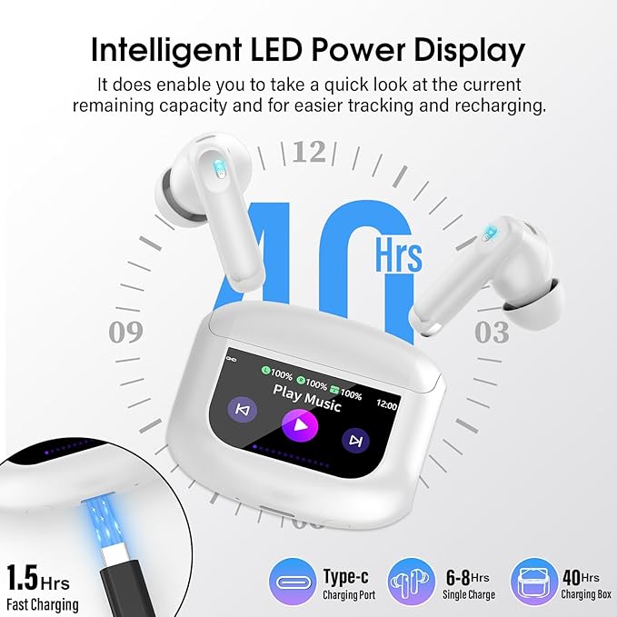 Wireless Earbuds, Bluetooth 5.4 Headphones Multi-Function Touch Screen with 5 EQ Modes, 48H Ear Buds Bass Stereo with ANC Noise Cancelling/Transparency Mode, IPX7 Bluetooth Earbuds, Ivory White