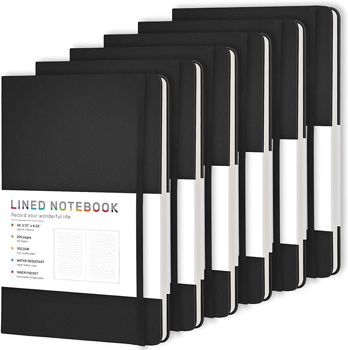 6 Pack Black Lined Hardcover Journal Notebook with 200 Pages, 8×5.7in, A5 journal Notebook, Journaling Notebooks for Work, School, Office,Women, Men, College Ruled Notebook, Hardcover Leather Journals