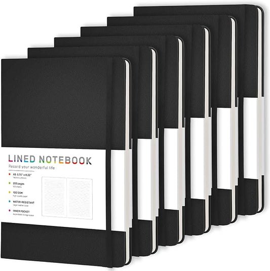 6 Pack Black Lined Hardcover Journal Notebook with 200 Pages, 8×5.7in, A5 journal Notebook, Journaling Notebooks for Work, School, Office,Women, Men, College Ruled Notebook, Hardcover Leather Journals