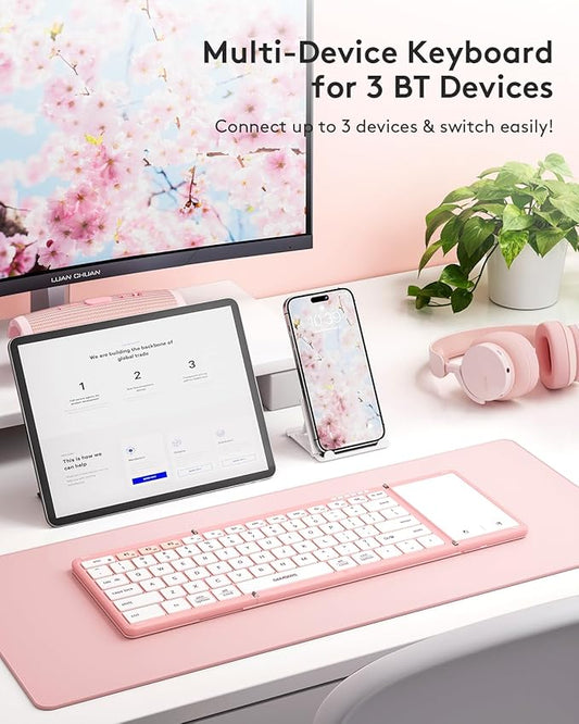 Samsers Foldable Bluetooth Keyboard with Touchpad, Full-Size Wireless Portable Travel Folding Keyboard for iOS Android Windows Mac OS, Support 3 Devices (BT5.1 x 3), Pink