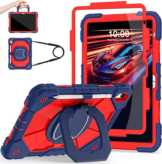 Case for iPad (A16) 11th/10th Generation 11.0/10.9 Inch with Screen Protector/360° Rotating Stand/Shoulder Strap/Pencil Holder,Military Grade Shockproof iPad Case 10th Generation,Navy Red