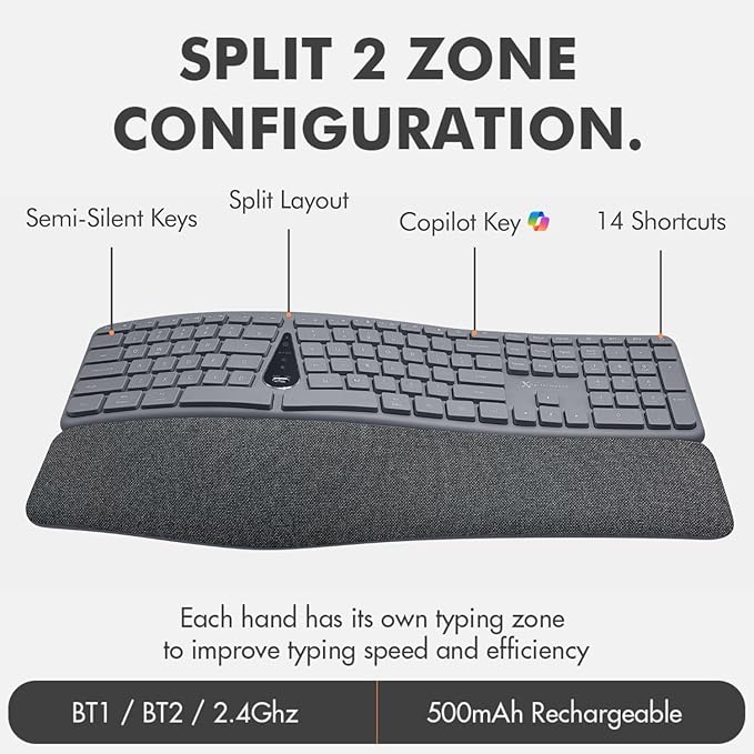 X9 Split Ergonomic Keyboard Mouse Wireless Combo - Type Comfortably Longer - 2.4G/Bluetooth Ergo Keyboard Mouse Wireless, Silent Keys, Wrist Rest, Multi-Device, Rechargeable for Laptop, PC, Mac - Gray