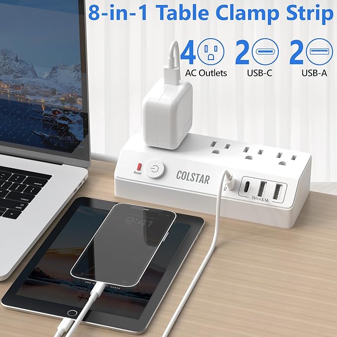 Desk Clamp Power Strip with 4 AC Outlets & 4 USB Ports Including PD 20W Fast Charging, Desk Mount Power Strip Surge Protector for Office,10FT Extension Cord Fits 1.8" Tabletop Edge (White)
