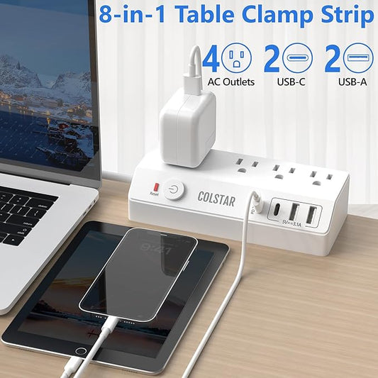 Desk Clamp Power Strip with 4 AC Outlets & 4 USB Ports Including PD 20W Fast Charging, Desk Mount Power Strip Surge Protector for Office,10FT Extension Cord Fits 1.8" Tabletop Edge (White)