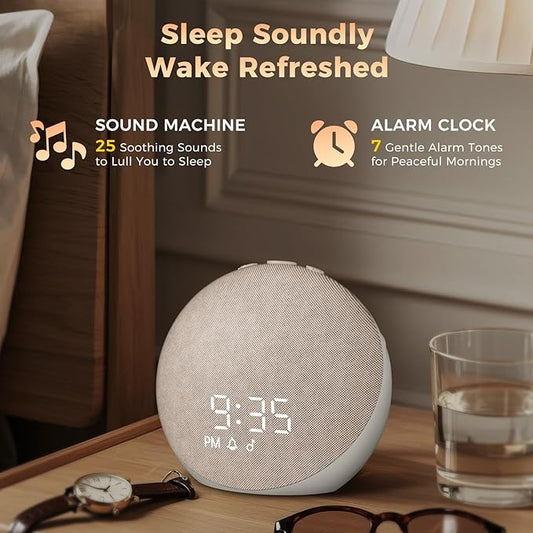 Sound Machine Alarm Clock for Bedroom: 25 Natural Sleep Sounds - White Noise Machine for Adults Kids Baby - Gentle Wake Up Alarm with Bluetooth Speaker - Putty