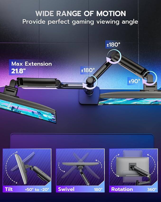 ARES WING Dual Monitor Mount for 17-49 Inch Ultrawide Heavy Duty Curved Screen, Computer Monitor Arm Desk Mount, Gas Spring Adjustable Vesa Stand, Black