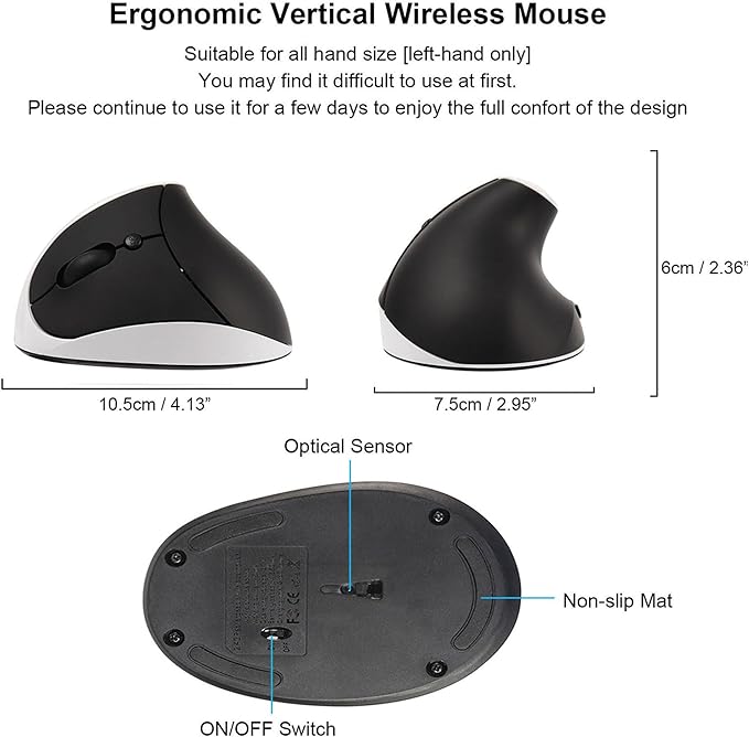 CHUYI Left-Handed Mouse, Ergonomic Vertical Rechargeable Wireless Mouse, 6 Buttons, Optical and Portable Wireless Office Mice with USB Receiver for PC Computer Laptop (Black & White)