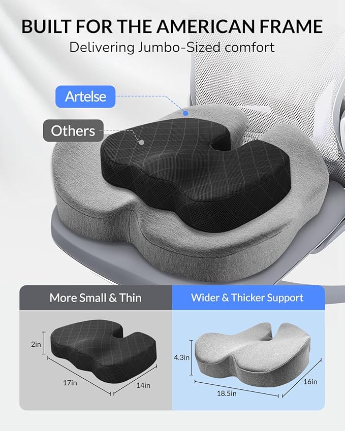 Extra Large Seat Cushion - Memory Foam Office Chair Cushion, Ergonomically Designed for Office & Car Seats, Relieves Pain from Prolonged Sitting & Sciatica