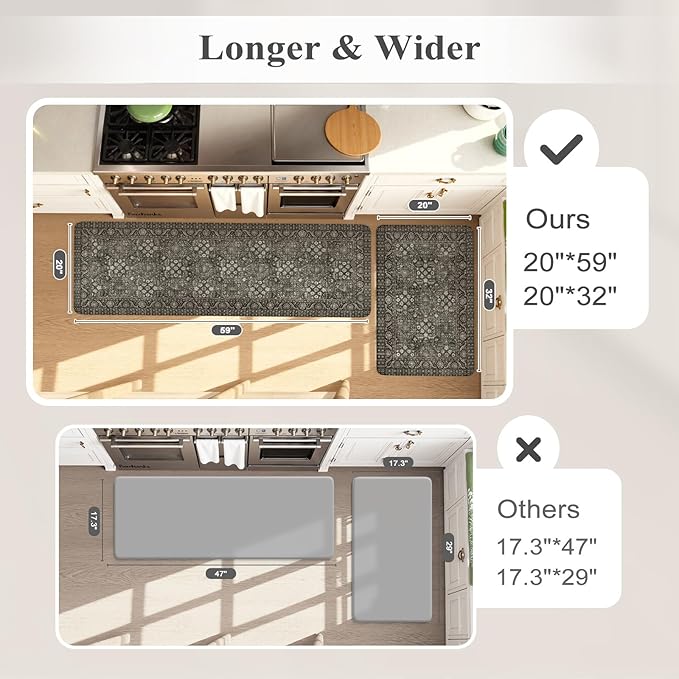 KIMODE Anti Fatigue Kitchen Mats 20"x59"+20"x32", Boho Vintage Kitchen Floor Mats Non Slip, Waterproof Kitchen Mat for Floor, Farmhouse Comfort Standing Mat for Laundry Office Sink Desk Green/Grey