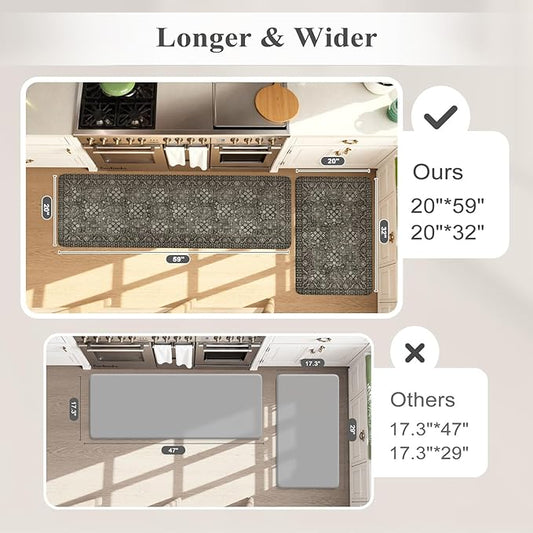 KIMODE Anti Fatigue Kitchen Mats 20"x59"+20"x32", Boho Vintage Kitchen Floor Mats Non Slip, Waterproof Kitchen Mat for Floor, Farmhouse Comfort Standing Mat for Laundry Office Sink Desk Green/Grey