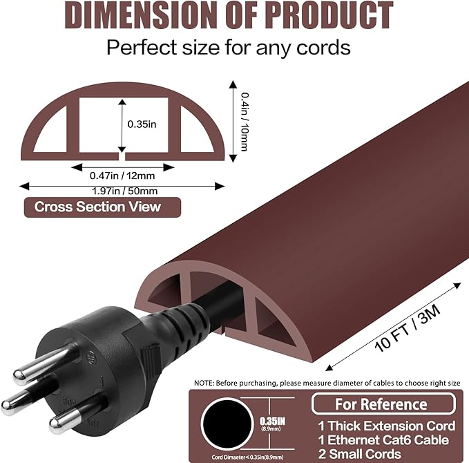 Floor Cord Cover Self Adhesive Cord Hider,10FT Cable Management, Extension Strip Protector for Wires, Prevent Cable Trips for Offices, Gyms, Exhibitions Cavity:0.47"(W) x 0.35"(H) Coffee