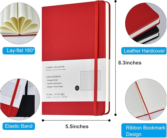 Mototo Journal Notebooks Classic College Ruled Notebooks Hardcover Leatherette Lined Journals for Office Home School Business, 8.3 x 5.5 inch, 100GSM Thick Paper, 160 Pages (Multicolor, 12 Pack)