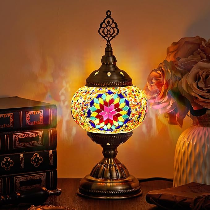 Large Globe Turkish Moroccan Table Lamp Handmade Vintage Colorful Moroccan Glass Lampshade Turkish Desk Lamp Bohemian Decorative Night Light for Bedroom, Living Room, Gift (LED Bulb Included)