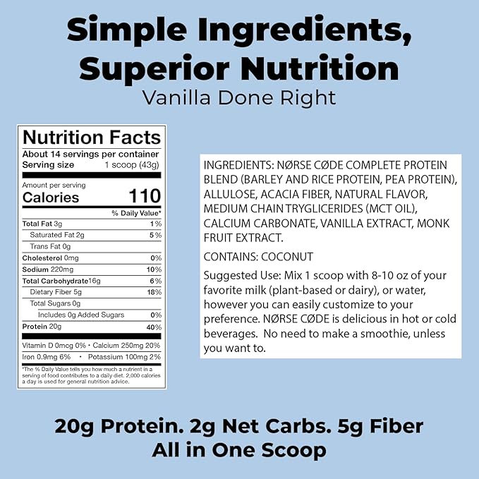 NØRSE CØDEVanilla Plant-Based Protein Powder – 20g Protein, Vegan, Keto, Dairy-Free, Zero Sugar, Fiber, Upcycled Barley, Rice & Pea Protein – 1.33 lbs [14 Servings]