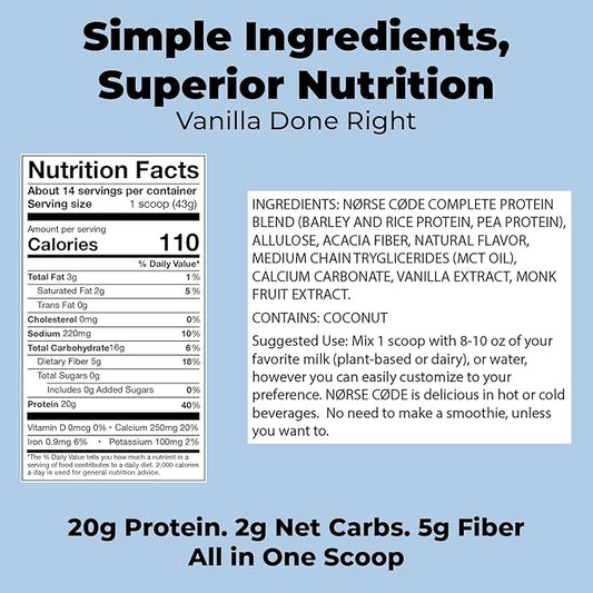 NØRSE CØDEVanilla Plant-Based Protein Powder – 20g Protein, Vegan, Keto, Dairy-Free, Zero Sugar, Fiber, Upcycled Barley, Rice & Pea Protein – 1.33 lbs [14 Servings]