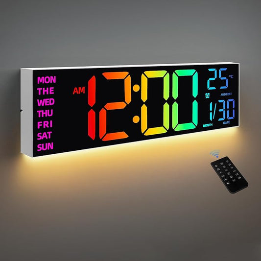 8 Colors Digital Wall Clock, 16.2" Large Digital Clock with Temperature, Date, Auto DST, Night Light, Auto Brightness Dimmer, 24/12-hour Wall Clock for Living Room Office Classroom Gym