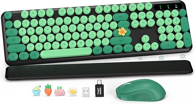 Wireless Keyboard and Mouse Combo-Round Keycaps, Full-Size Retro Typewriter Keyboard with Detachable Wrist Rest, Sleep Mode & Tilt Legs, 2.4GHz Cordless Connection for Mac/Windows/PC (Black & Green)