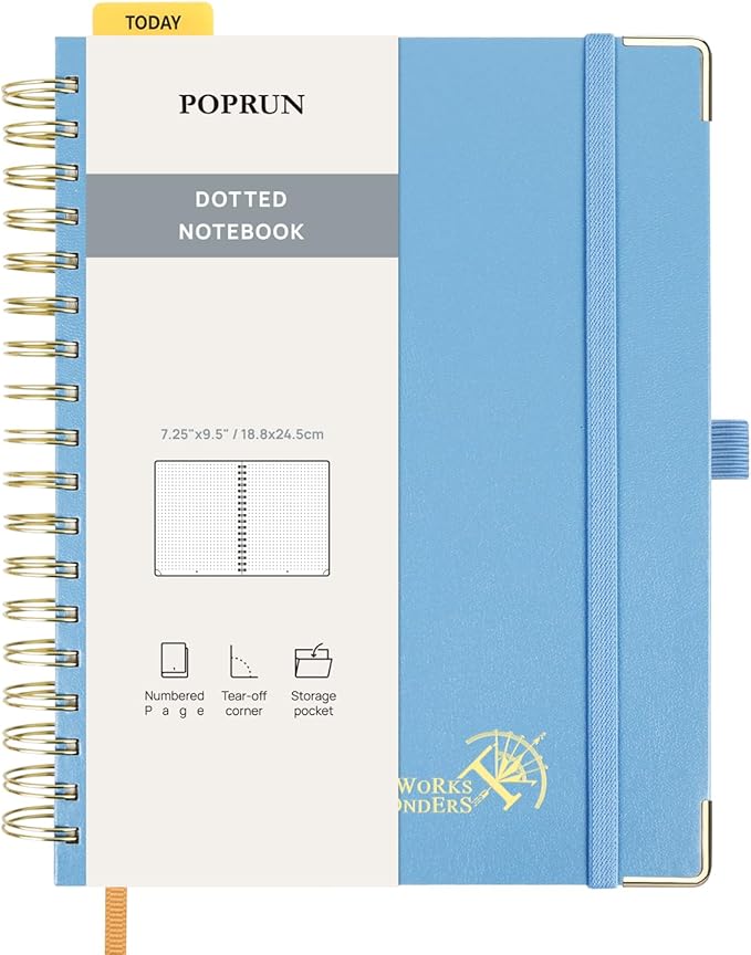POPRUN Spiral Dotted Journal Notebook, 7-1/4" x 9-1/2" - 120 GSM Thick Paper, 220 Numbered Pages, Hardcover for Men & Women with Pocket, Index Tabs, 8 Perforated Sheets, Haze Blue