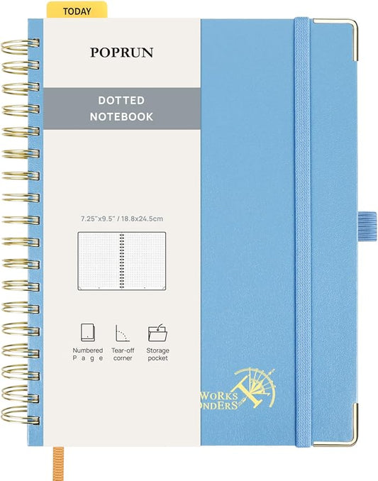 POPRUN Spiral Dotted Journal Notebook, 7-1/4" x 9-1/2" - 120 GSM Thick Paper, 220 Numbered Pages, Hardcover for Men & Women with Pocket, Index Tabs, 8 Perforated Sheets, Haze Blue