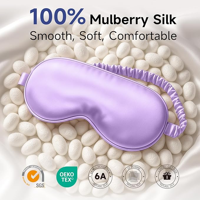 Umisleep 100% Pure Mulberry Silk Sleep Mask, 22 Momme 6A Soft Smooth Fibers, Breathable Eye Mask for Women Men, Better Light Blocking Sleeping Mask with Travel Pouch, Elastic Strap Blindfold, Purple