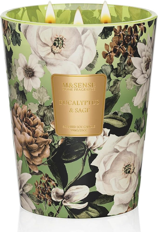M&SENSE Eucalyptus Sage Scented Candle, 35oz 150H Long Lasting, 3-Wick Natural Soy Candles Aromatherapy Relaxing Sleep, Home Fragrance Housewarming Gifts