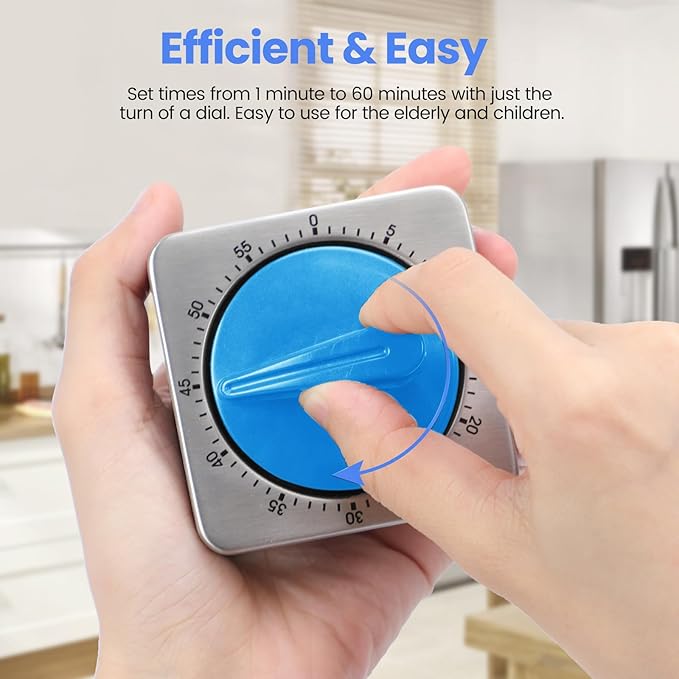 Kitchen Timers for Cooking, Chef Cooking Timer Clock with Loud Alarm,100% Mechanical Desk Timer - No Batteries Required -Magnetic Back, Exquisite Stainless Steel Body -Countdown Reminder Magnetic-Blue