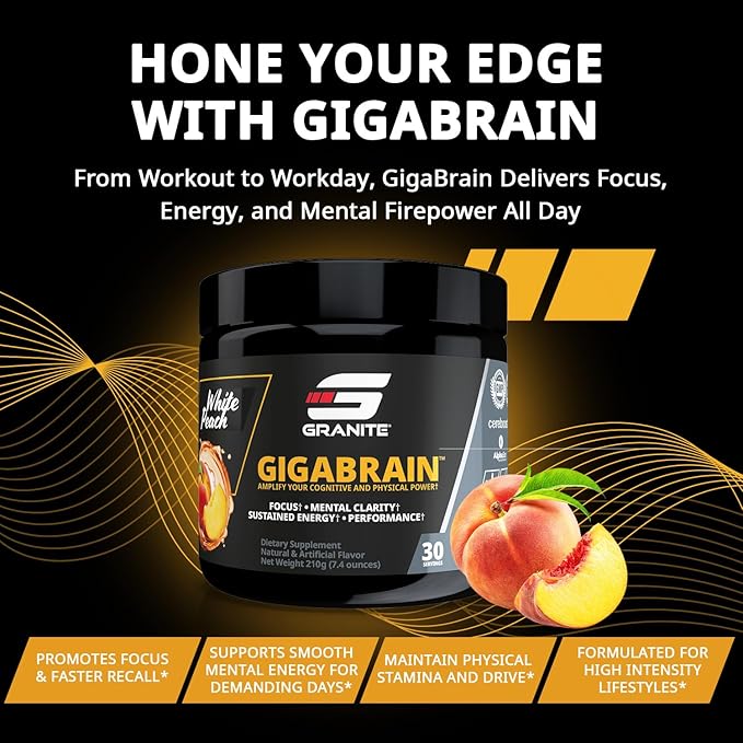 Granite Nutrition GigaBrain Nootropic Energy Powder – Cereboost, Alpha-GPC & ElevATP – Cognitive Focus Supplement for Sustained Energy & Performance – White Peach, 30 Servings