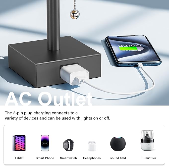 Grey Bedside Table Lamps for Bedroom Set of 2 - Small Rectangular Nightstand Lamp with AC Outlet Charging Port, 3 Color Temperatures Light, Tabletop Reading Lamp for Living Room/Dorm/Office