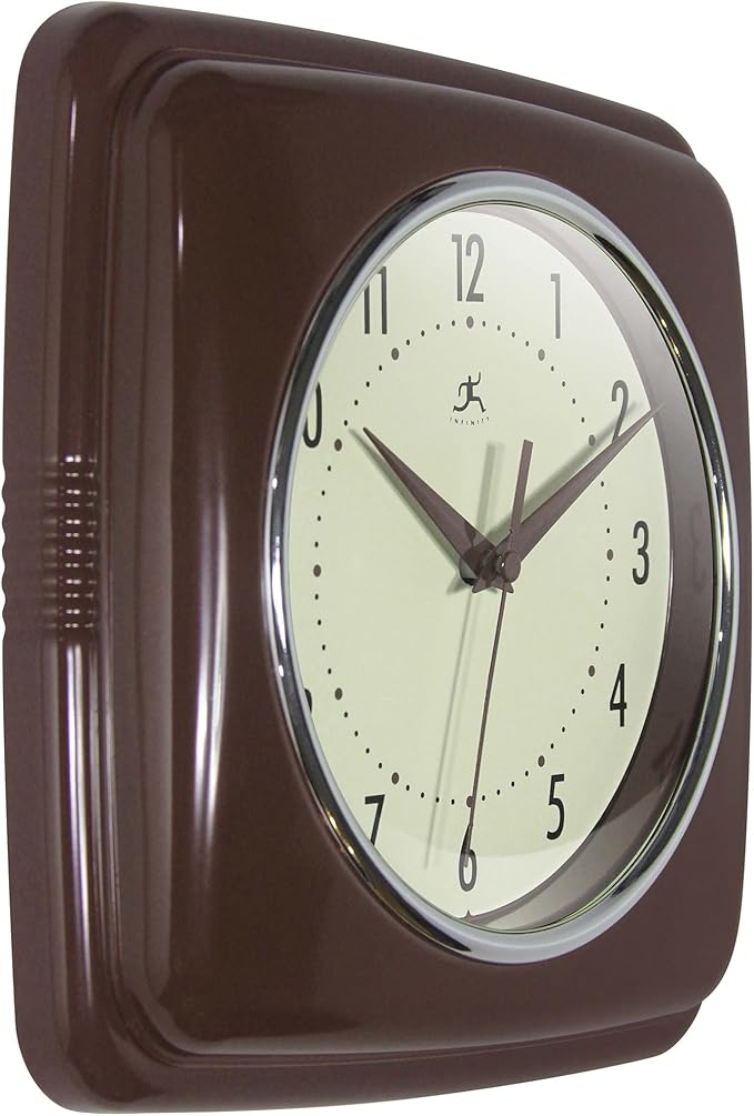 Infinity Instruments Square Retro Wall Clock, Mahogany, 9.25"