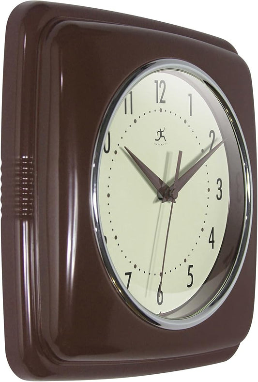 Infinity Instruments Square Retro Wall Clock, Mahogany, 9.25"