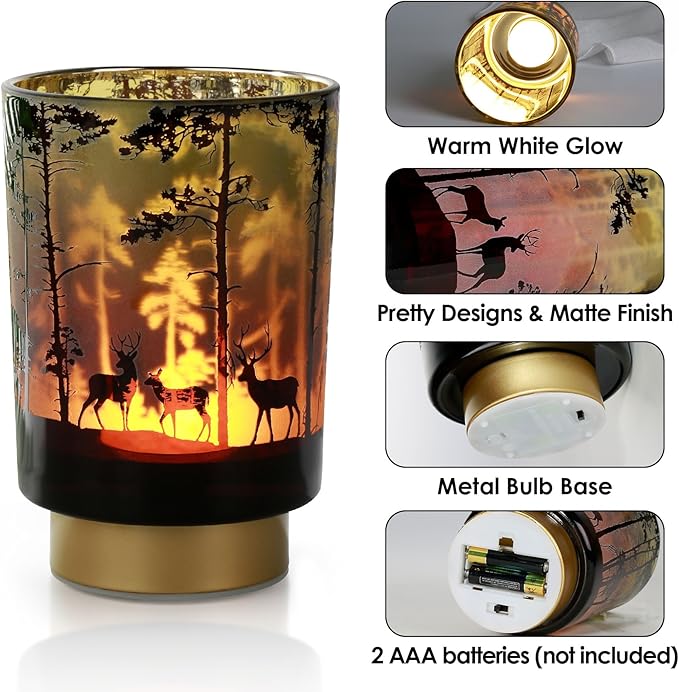 Eywamage Small Battery Operated Table Lamp with Remote, Forest Deer Cordless Glass Lamp for Bedroom Living Room Kitchen Entryway