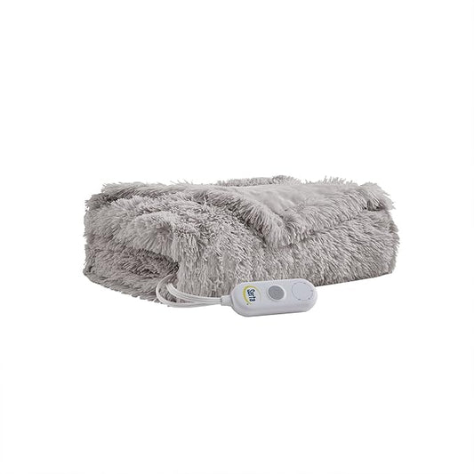 Serta Mila Shaggy Heated Throw Blanket - Soft Faux Fur Heated Blanket, Fast Heating, Auto Shut Off Timer, Low EMF, 5 Heat Setting, ETL Certified, Machine Washable Electric Blanket, Ash Grey 50"x60"