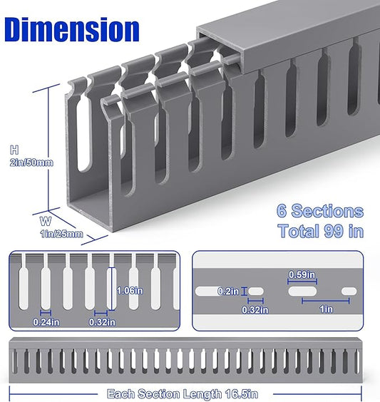 ZhiYo H2in x W1in Server Rack Cable Management Raceway, 99in (6X L16.5in) Cable Raceway Kit, Electrically Safe PVC Open Slot Wire Cover, Cord Hider for Under Desk/Computer/Network Cords, Grey