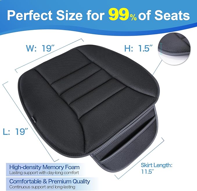 Premium Car Seat Cushion, Driver Cushion with Comfort Memory Foam & Non-Slip Rubber Bottom, Car Seat Pad Works with 95% of Vehicles and Office Chair or Home (4D Mesh - Black)