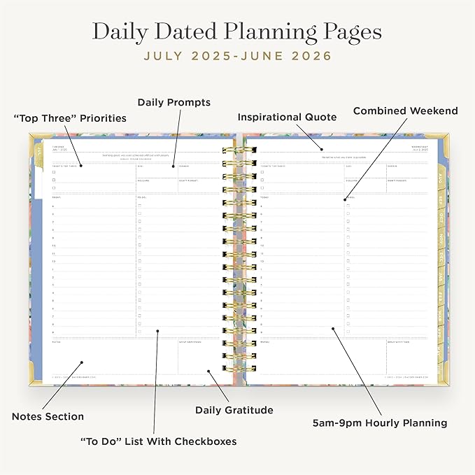 Day Designer 2025-2026 Daily Planner – Premium Planner for Stylish Organization. Combines Monthly Calendar, Hourly Schedule, To-Do List, Gratitude, Goal Setting, Inspirational Quotes, Stickers & More. Elegant laminated Cover with Gold Accents (Lorelei)