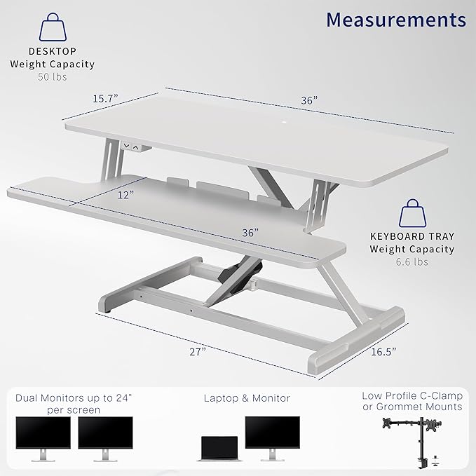 VIVO 36 inch Electric Motor Desk Converter, Height Adjustable Riser, Sit to Stand Dual Monitor and Laptop Workstation with Wide Keyboard Tray, White, DESK-VE36W