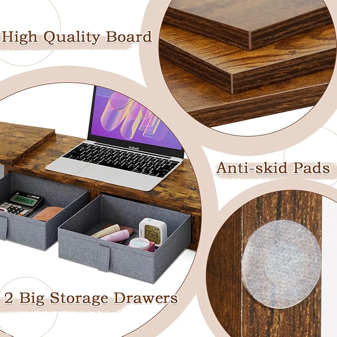 TEAMIX Dual Monitor Stand Riser - Length and Angle Adjustable White Monitor Stand with 2 Drawers to Storage Large Computer Riser for 2 Monitors/Laptop/PC, Wood Screen/TV Stand Desk Organizer (Brown)